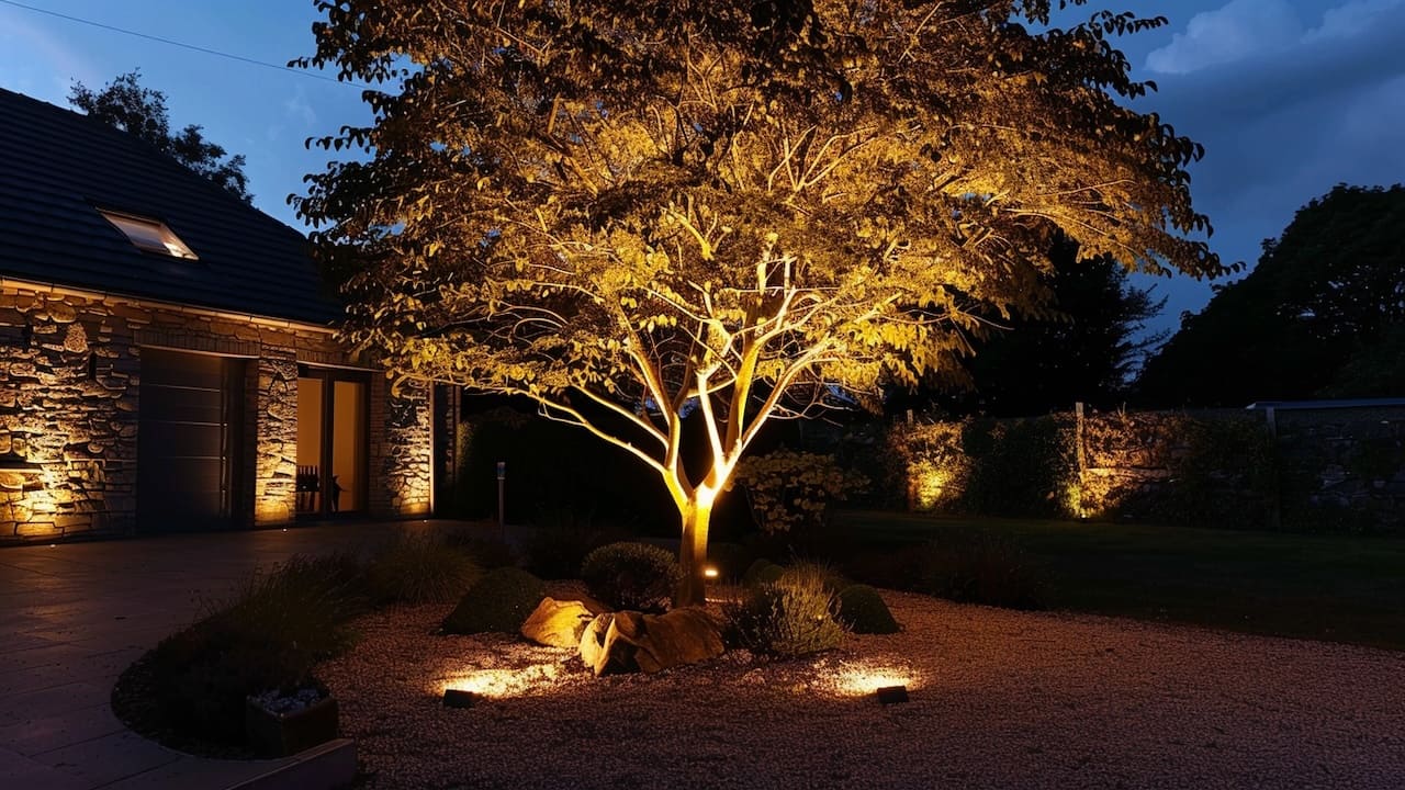 ライトアップされた庭のシンボルツリー