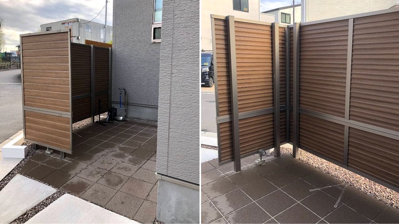 目隠しフェンスの内側から見た平板テラス