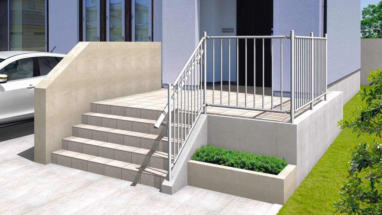 玄関ポーチと一体で計画された手すりの施工例